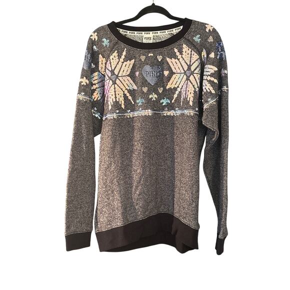 Victorias Secret Pink Womens Sweatshirt Small P Black Sequin Snowflake Pullover - Picture 1 of 8